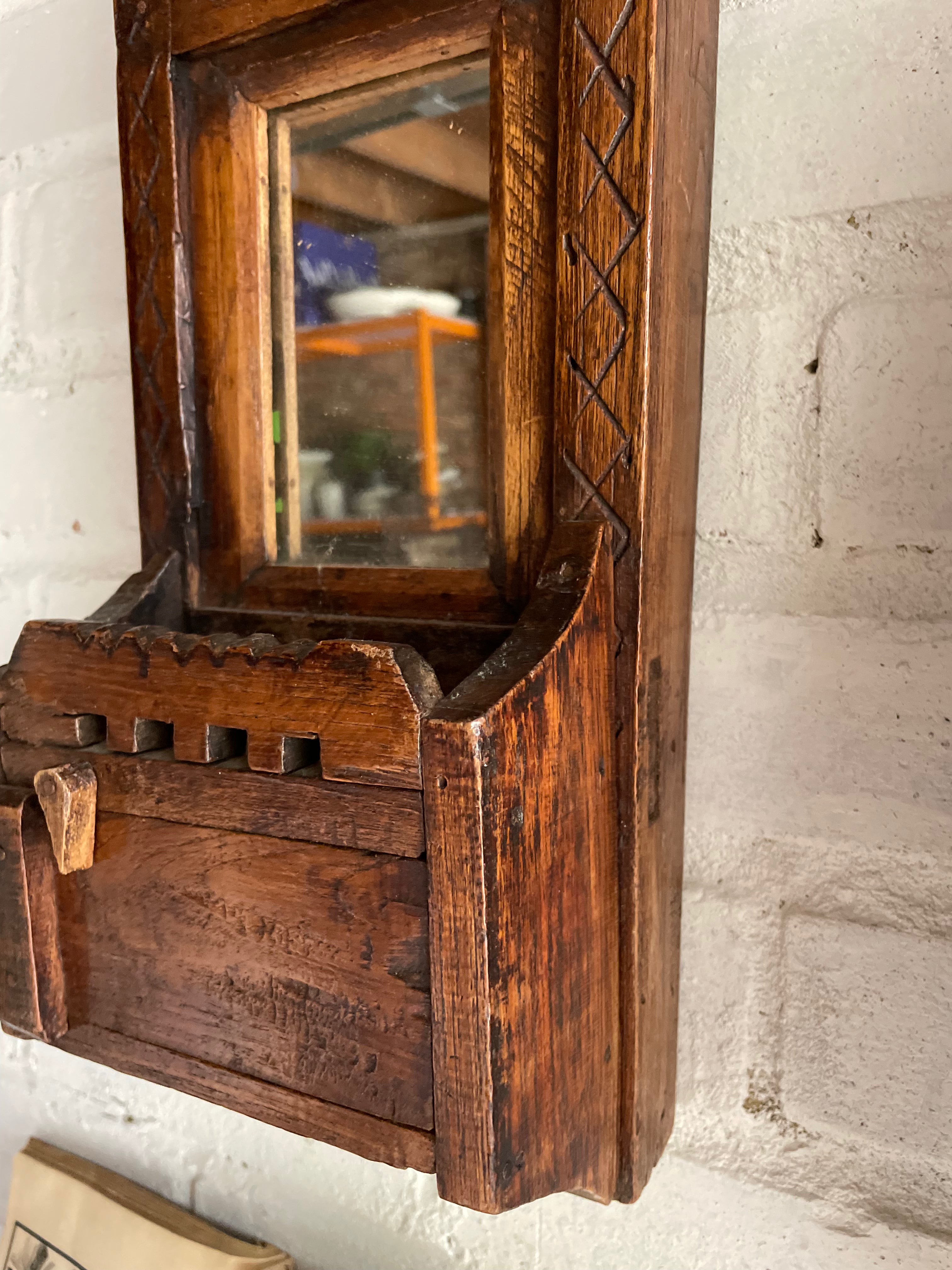 Old Handcarved Wall Mirror with a Little Shelf and Storage Compartment