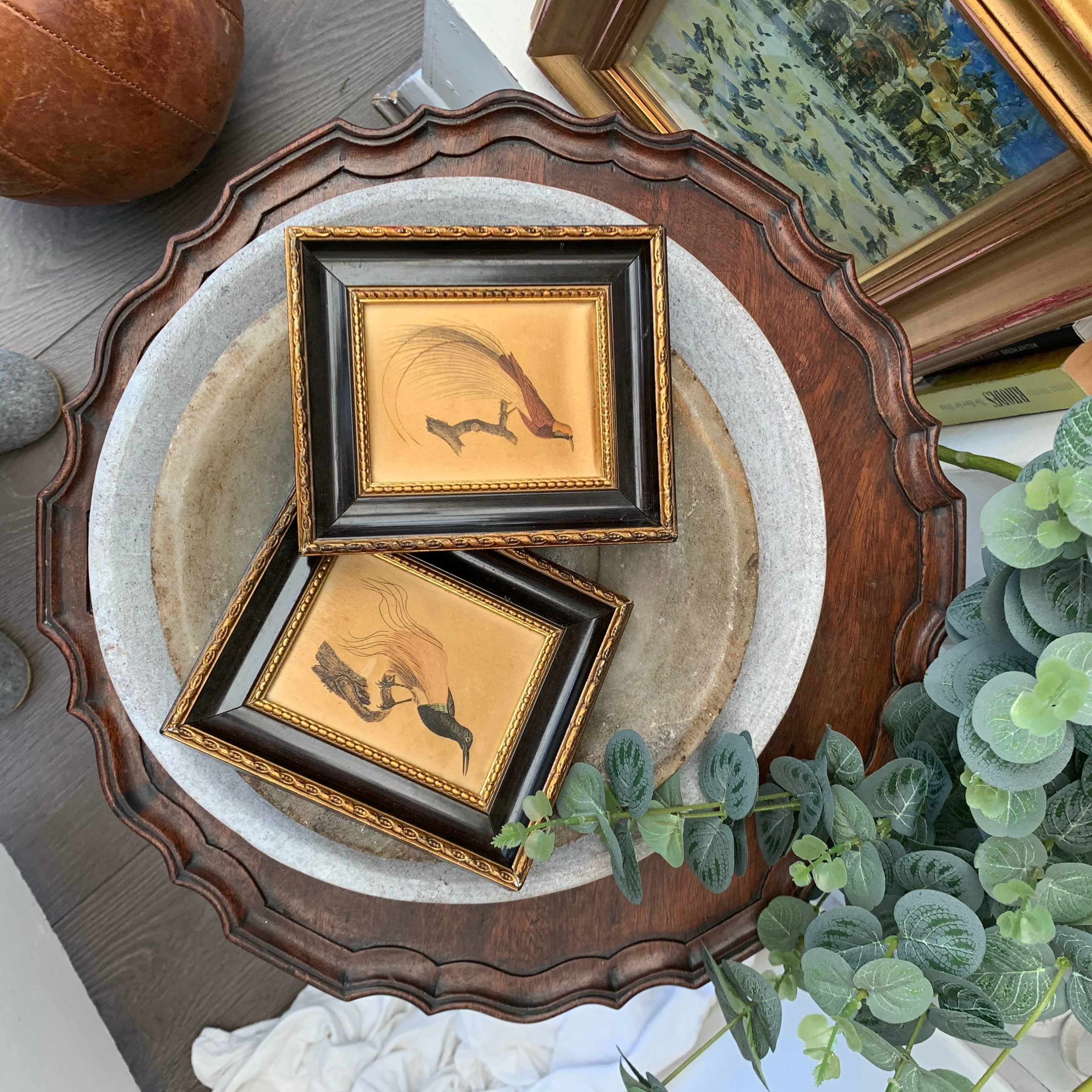 Pair of Teeny Antique Silk Paintings of Birds