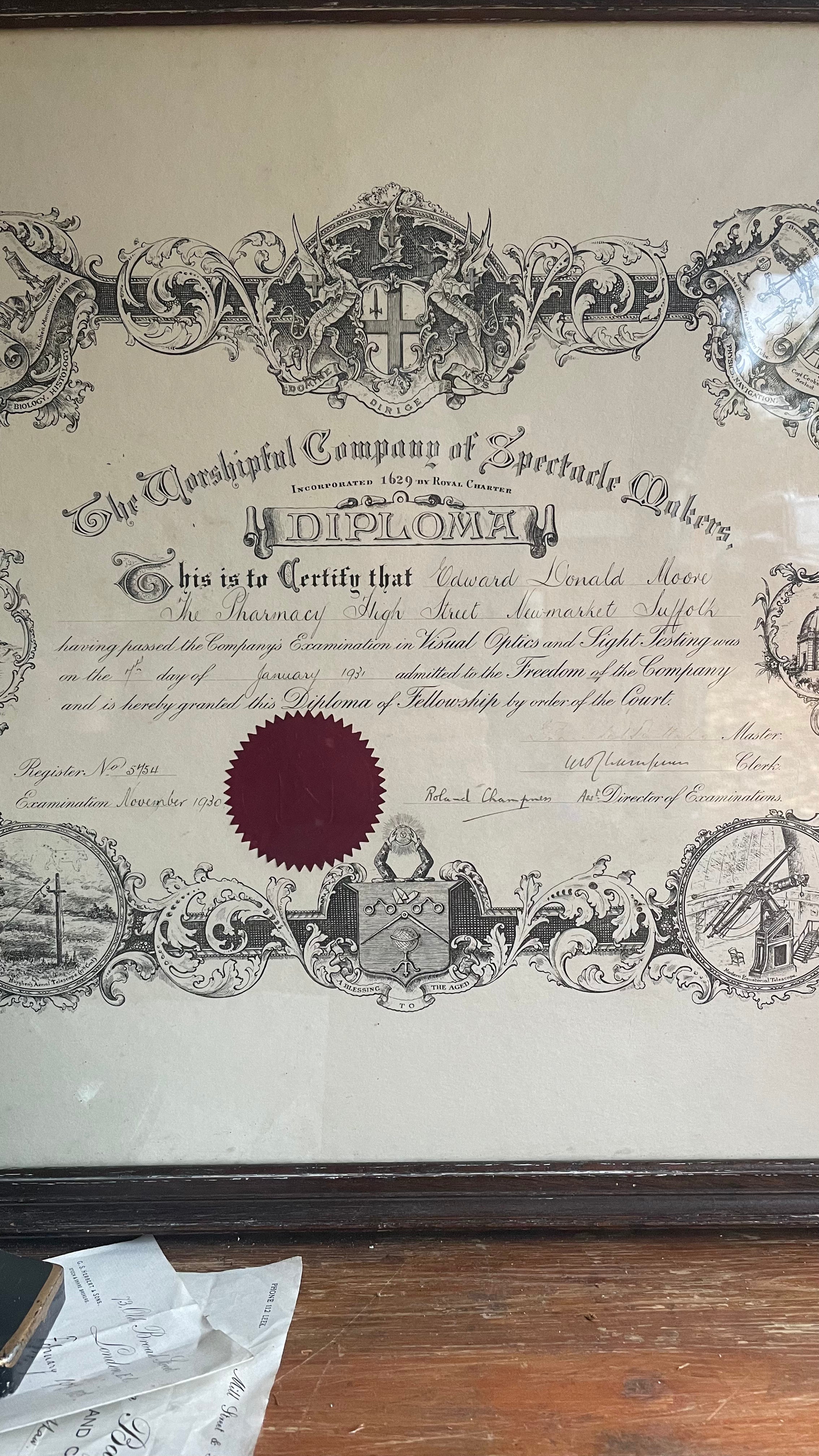 Large Framed 1930s Diploma from “The Worshipful Company of Spectacle Makers”