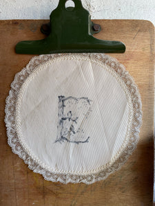 Victorian Silk & Lace Doily with Ink Lettered “E”