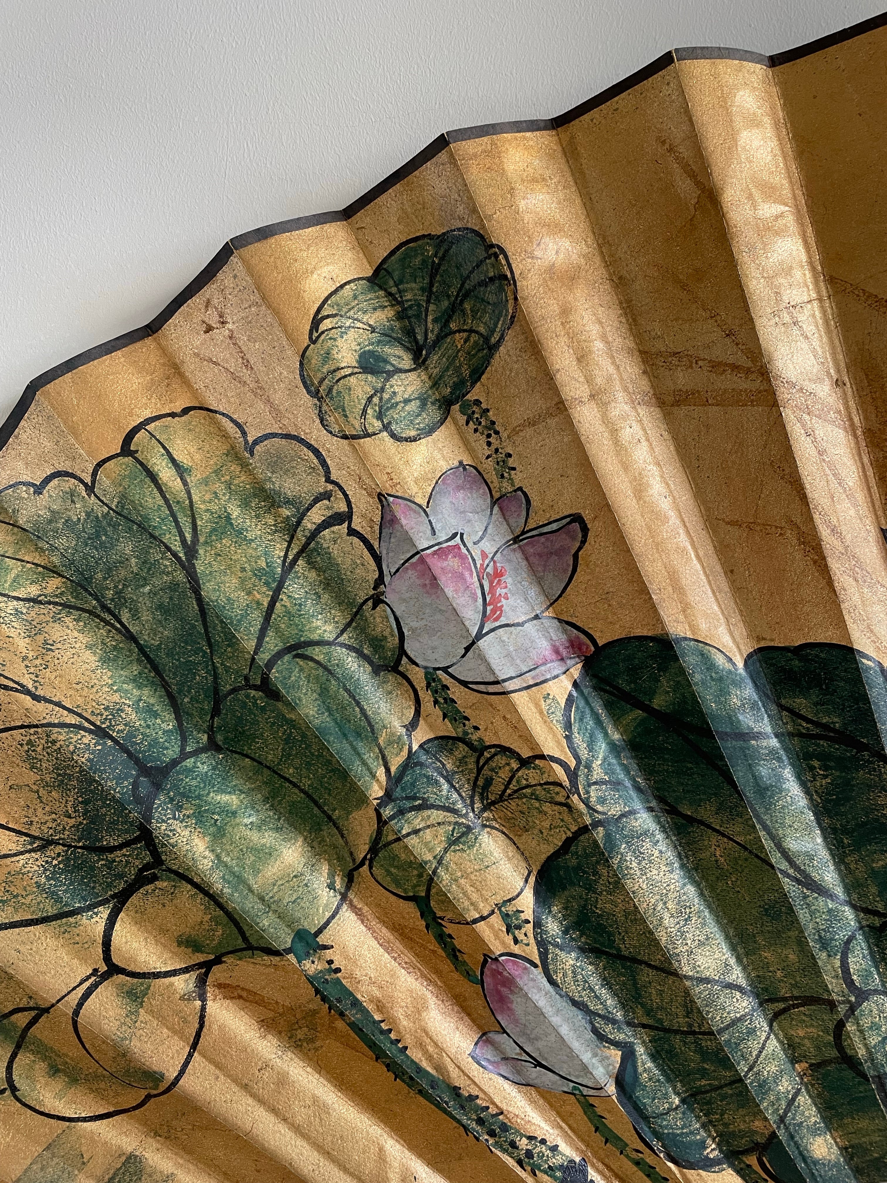 Large Vintage Chinese Handpainted Silk Fan for Wall Decor