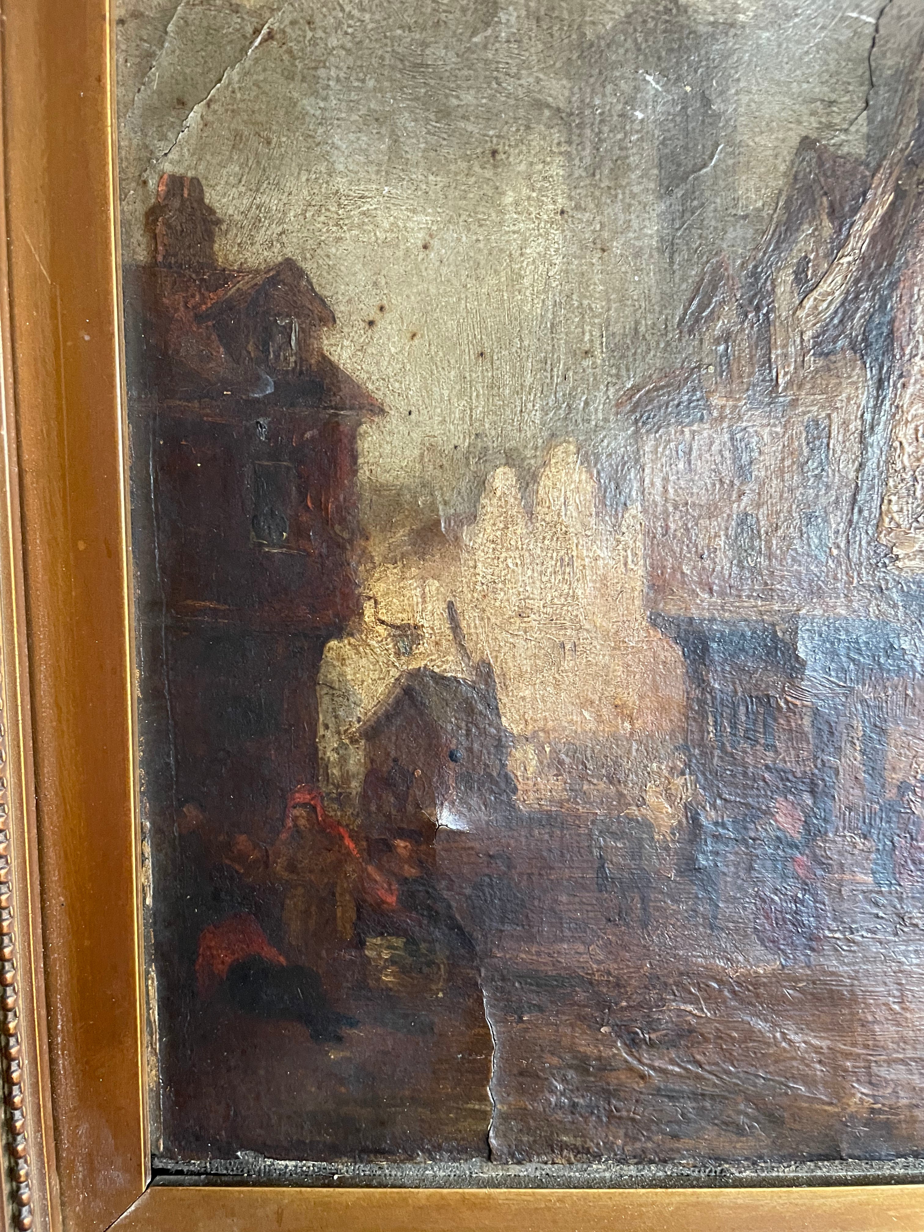 Village Scene: Antique Oil on Leather