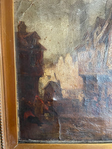 Village Scene: Antique Oil on Leather