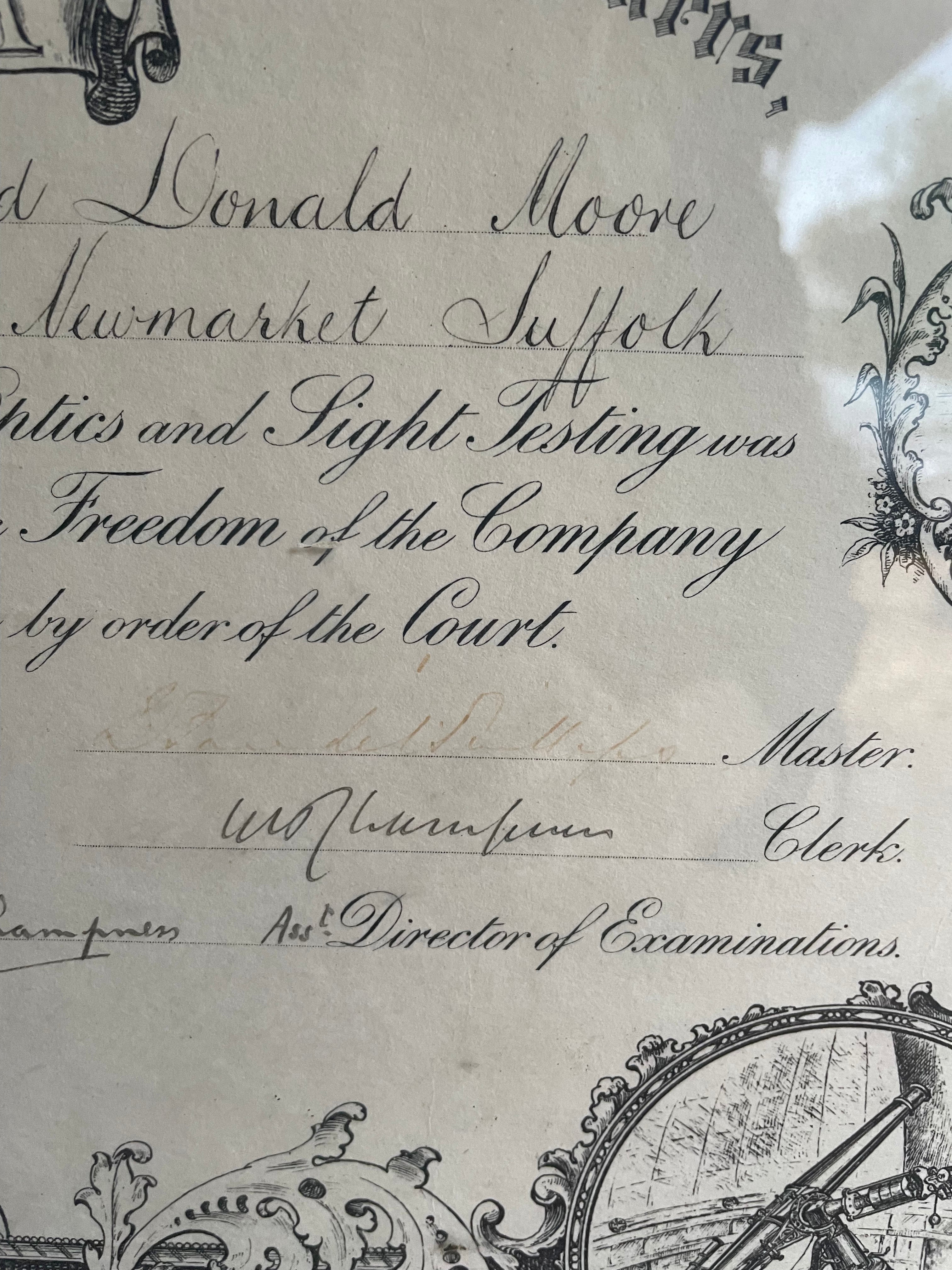 Large Framed 1930s Diploma from “The Worshipful Company of Spectacle Makers”