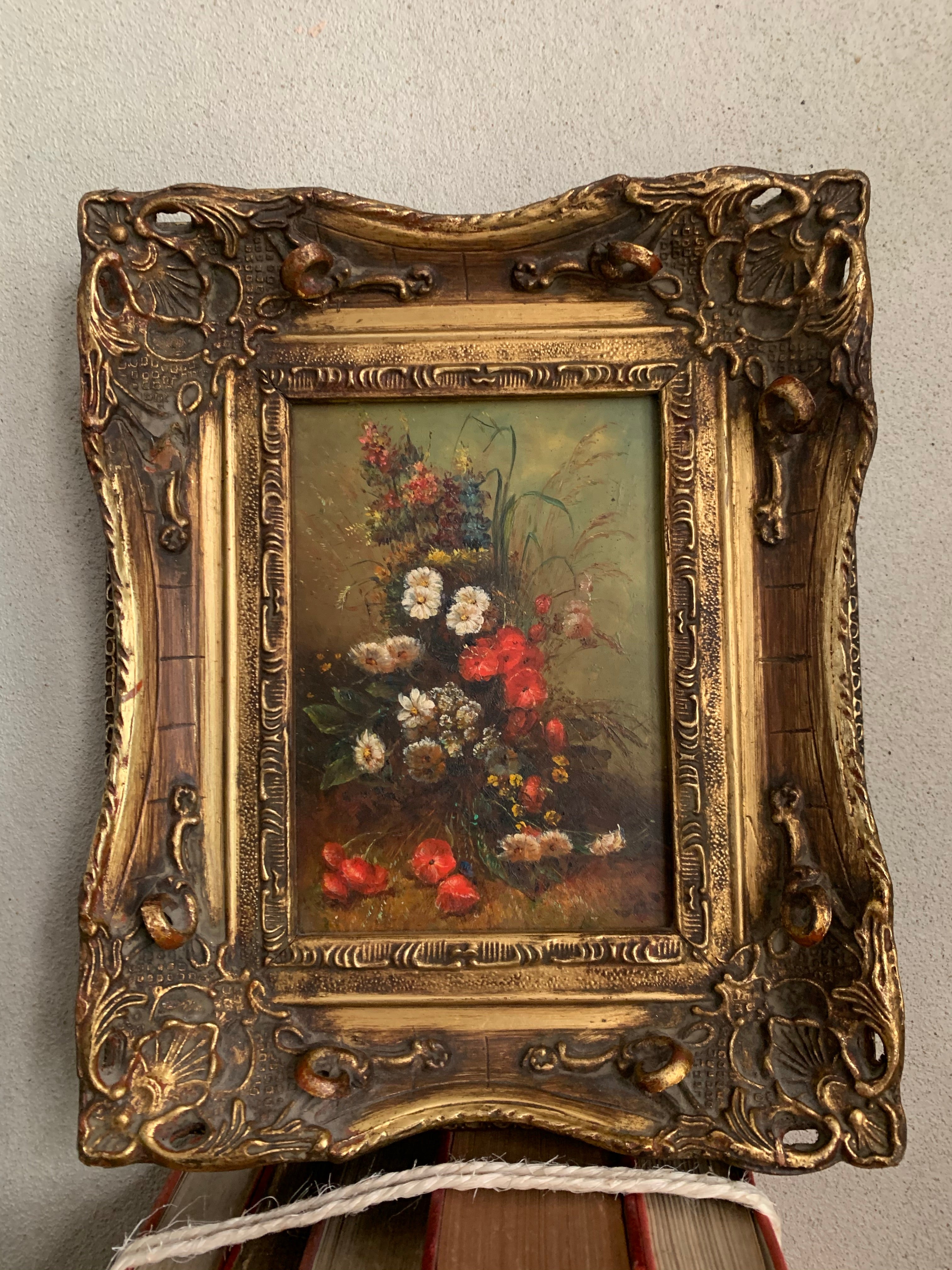 Red Burst: Small Floral Oil in Gesso Frame