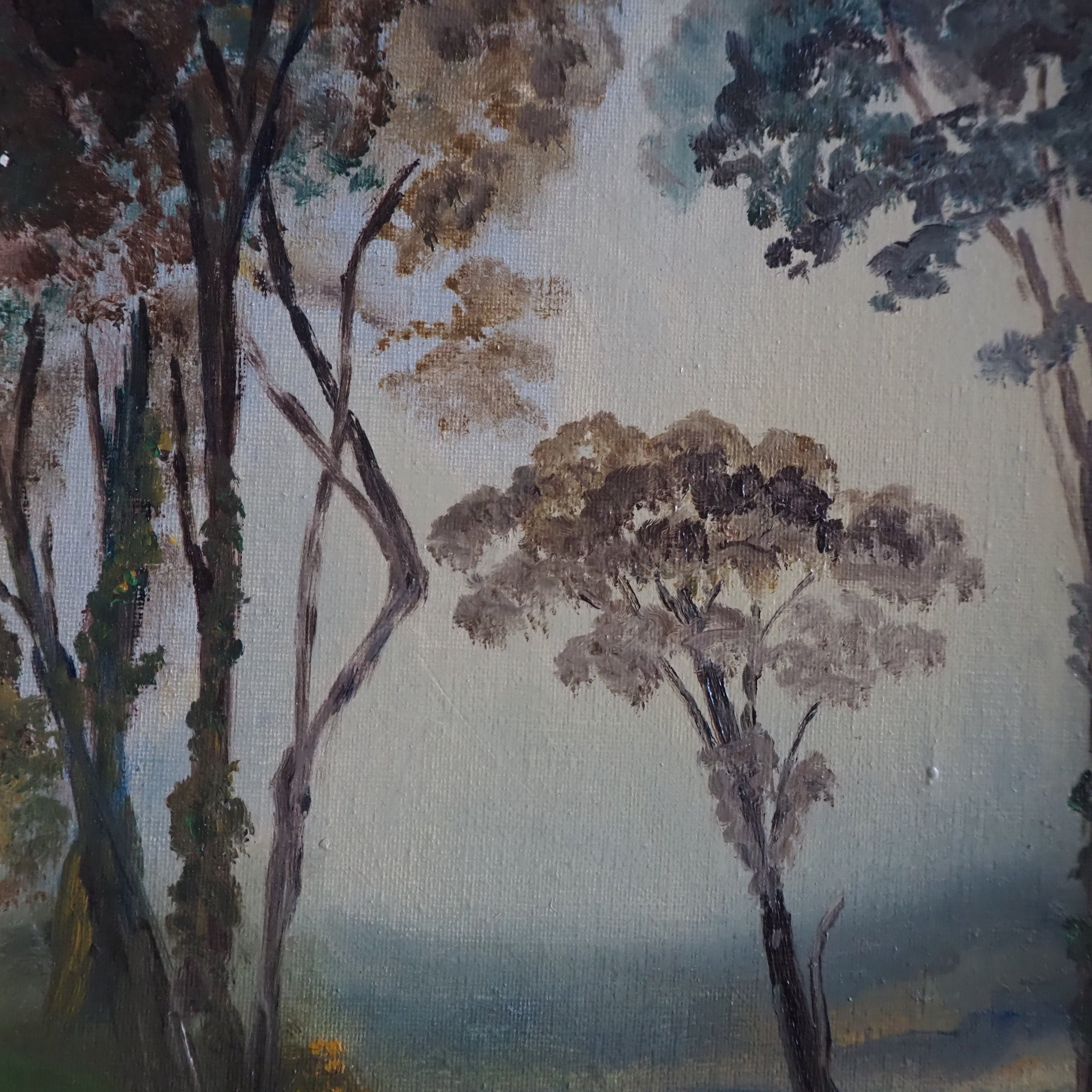 Treescape with Bridge: Oil on Board