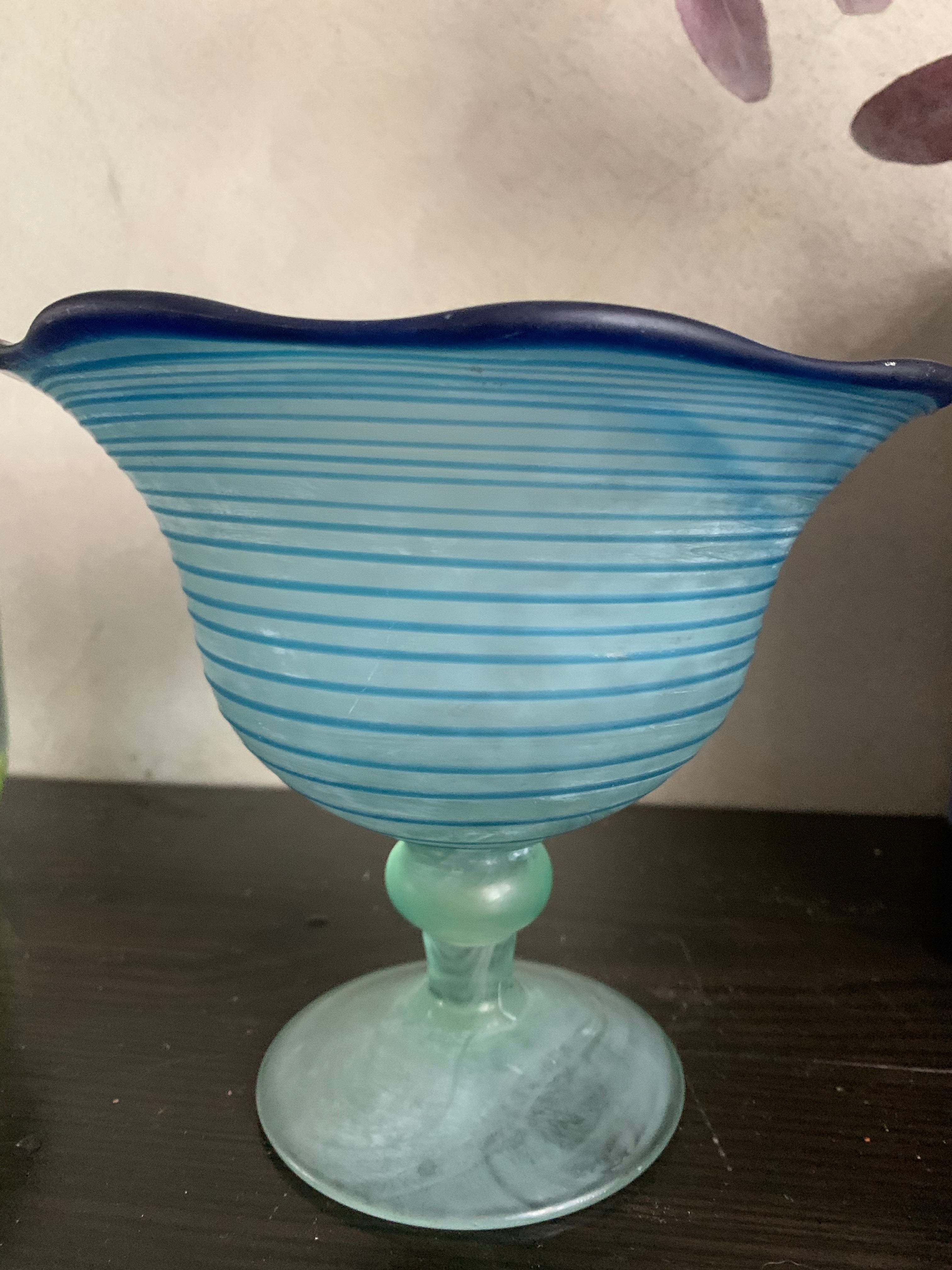 Blue Frosted Glass Pedestal Bowl