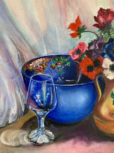 Still-Life Oil Painting on board, with flowers and blue bowl