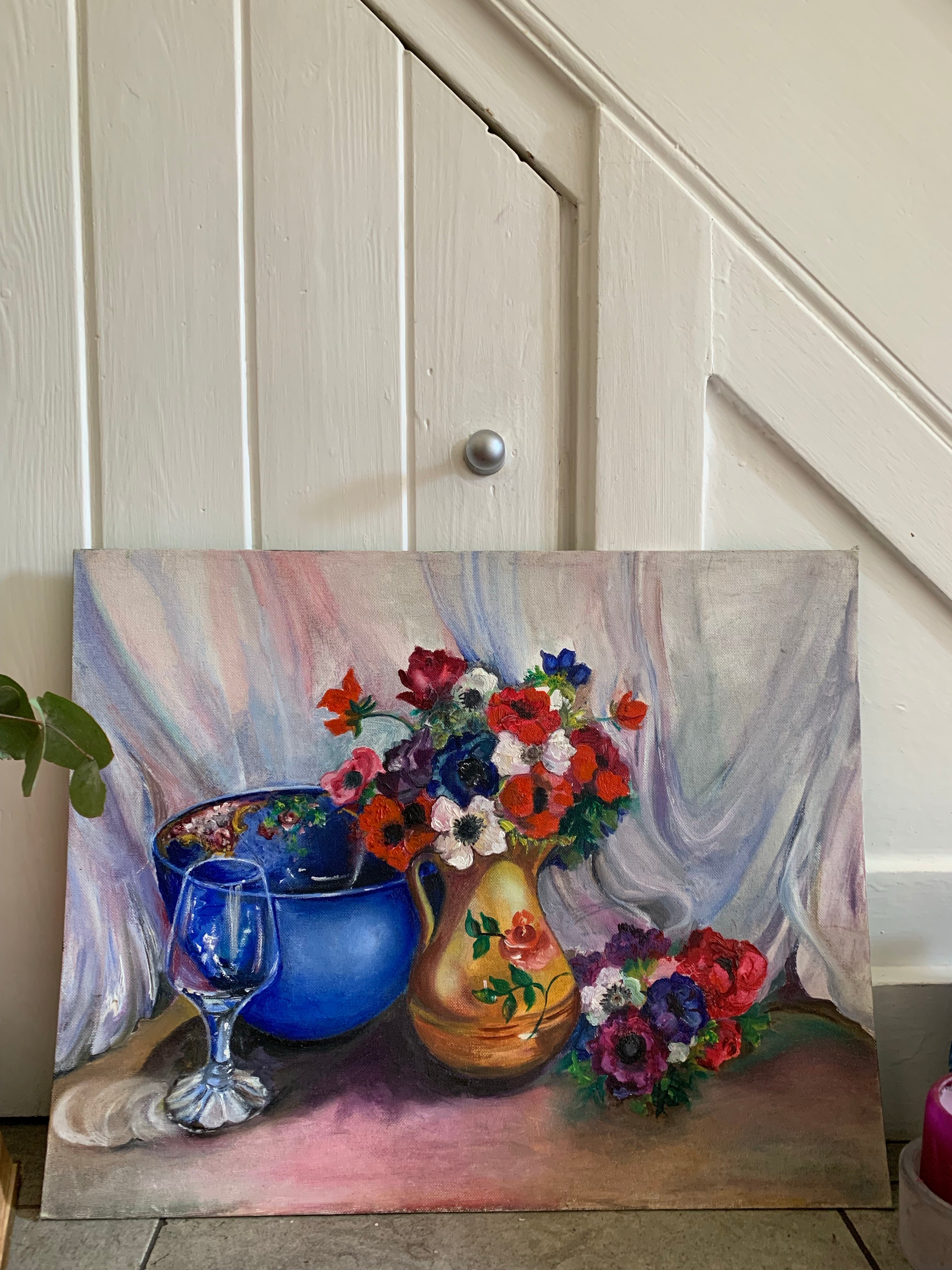 Still-Life Oil Painting on board, with flowers and blue bowl