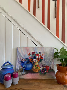 Still-Life Oil Painting on board, with flowers and blue bowl