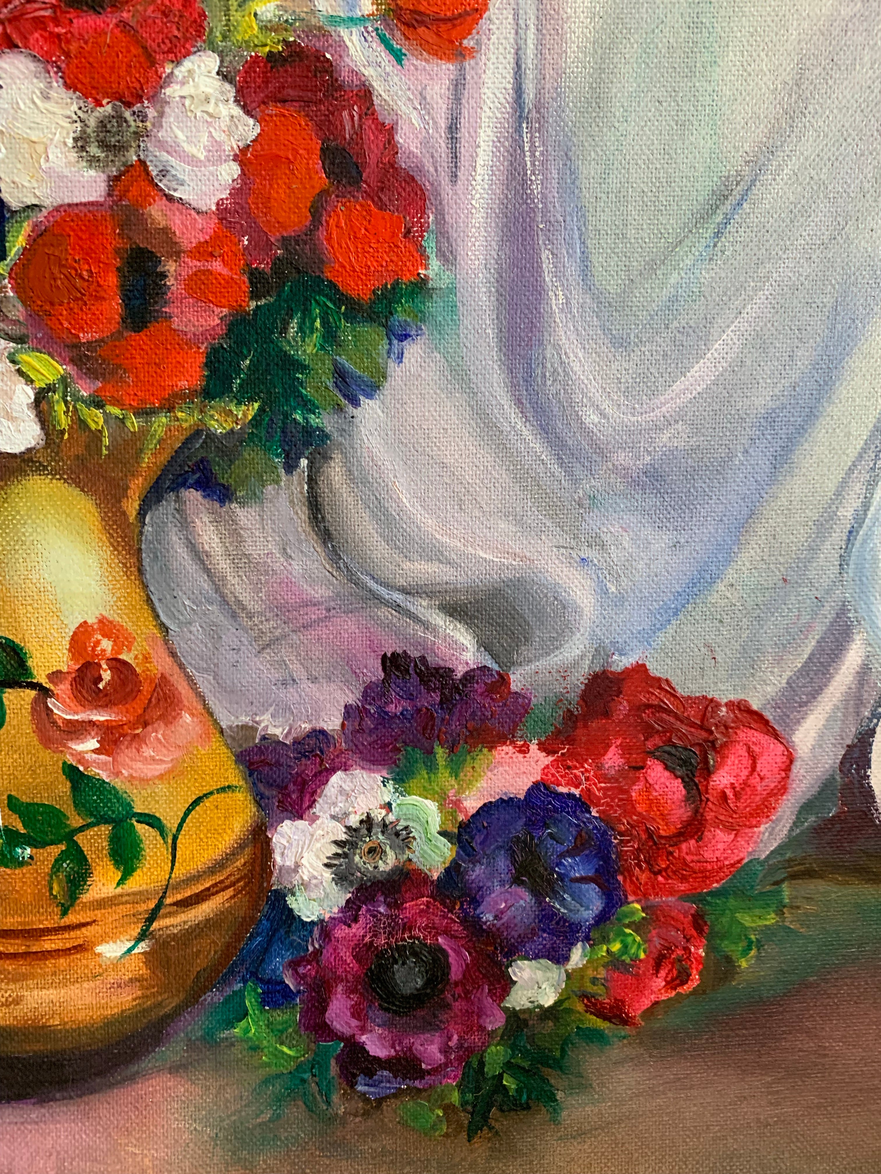 Still-Life Oil Painting on board, with flowers and blue bowl